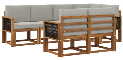vidaXL Outdoor-Sofagarnitur 7 pcs Natürlich und Hellgrau Polyester, Stylisches Outdoor-Sofa-Set, Moderne Gartenmöbel, wetterfestes Akazienholz, modulares Sitzen für Terrasse und Lounge