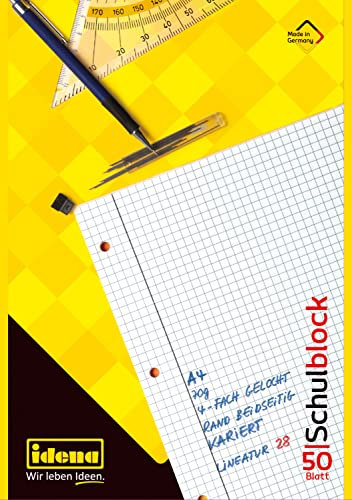 Idena 10394 - Schulblock, DIN A4, 50 Blatt, 70 g/m², kariert, gelocht