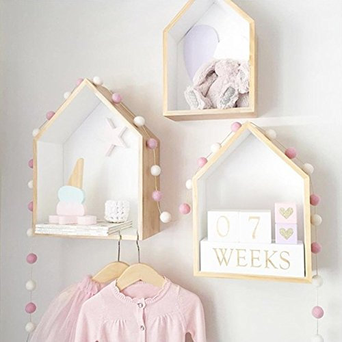 EUBEISAQI Set von 2 Haus Form Wand Speicher hölzerne Anzeigen hängende Kinderraum Dekoration (White)
