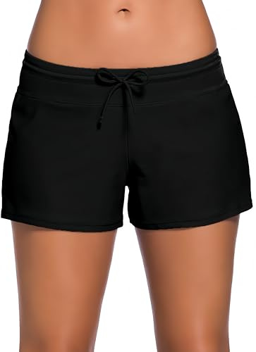 Ocean Plus Femme Short de Bain de Couleur Unie avec Cordon de Serrage Réglable Sports Nautiques Protection UV Hotpants (L (EU 38-40), Noir)