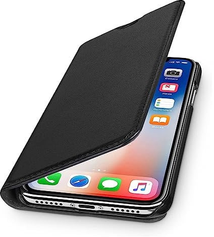 WIIUKA Echt Ledertasche - TRAVEL - für Apple iPhone XS MAX mit Kartenfach, kabelloses Laden Qi, extra Dünn, Tasche Schwarz, Leder Hülle kompatibel mit iPhone XS MAX