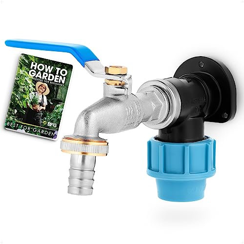 BFG Kit de Grifo de Jardín EN 13828-A-CU 2500, Entrada 1/2 BSP x Salida 3/4 BSP Con Codo de Pared MDPE PE PN16, Hembra 20mm x 1/2 BSP, Maneta Azul