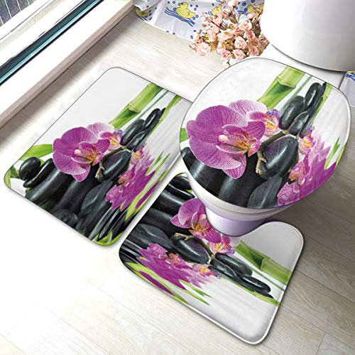ghkfgkfgk Asiatische Zen-Entspannungsmassage mit Steinen und lila Orchideen-Badteppich-Set 3-teilig, Rutschfester, saugfähiger Badteppich, U-förmige Toilettenmatte, verlängerter Toilettendeckelbezug