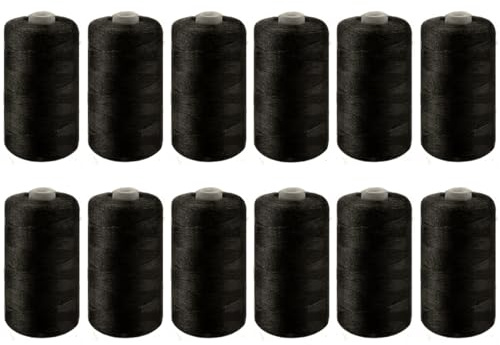 12 SPOOLS of 600 Yards Polyester Sewing Thread for Sewing Machine All Purpose Premium Quality Thread (Black)