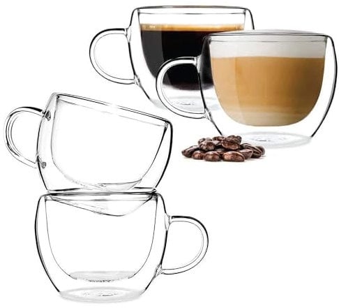 BOQO Lot de 4 tasses à café en verre à double paroi avec poignée, parfaites pour expresso, thé, boisson, 120 ml