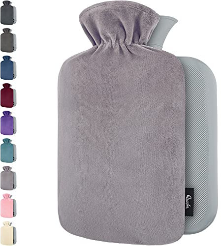 Bouillotte avec Housse Polaire - Housse Premium Douce et Molletonnée - Grande Capacité 1,8 L - Bouillotte Eau Chaude pour Soulagement de la Douleur, Dos, Cou et Épaules - Gris