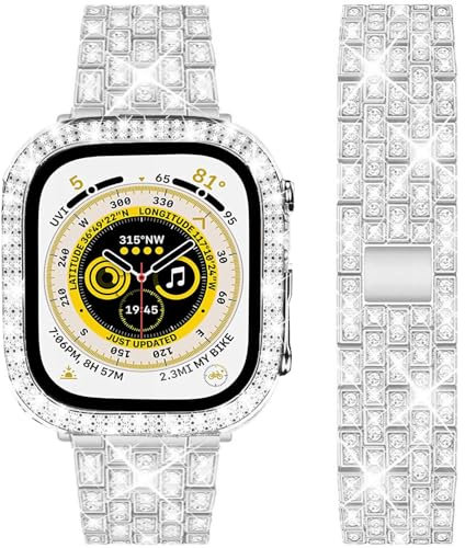 DEALELE Bands and Case Compatible with Apple Watch Series 9/8 / 7 (45mm), Bling Rhinestone Diamond Metal Strap with Protective Case Cover Replacement for iWatch 45mm Women Men (Silver)
