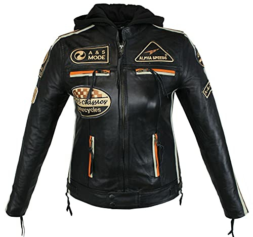 EURO STARS Damen Motorrad & Freizeit Lamm Leder Jacke Schwarz, Biker Ladies Leather jacket (XL, Schwarz mit Orange&Beige Streifen)
