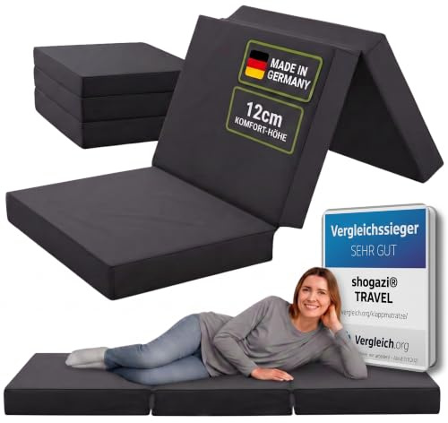 SHOGAZI Klappmatratze 80x200 x 12 cm, Gästematratze klappbar Made in Germany, Faltmatratze VERGLEICHSSIEGER, ultimativer Schlafkomfort, Orthopädischer Kaltschaum - Anthrazit