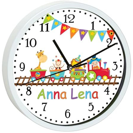 CreaDesign, Wanduhr Kinder personalisiert mit Name, Motiv Zug, Rahmen Wanduhr weiß, Ø 19,5 cm