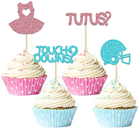 Gyufise 24Pcs Boy or Girl Cupcake Toppers Tutus Touchdowns Gender Reveal Cupcake Picks Dress Rugby Decorations for Gender Reveal Party Baby Shower Birthday Party Wedding Party Decorations