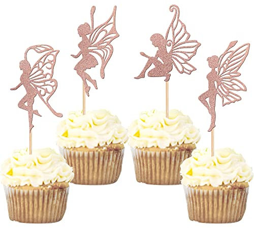 24 Stück Fee Cupcake Toppers mit Glitter Flügel Blume Engel Fee CGeburtstag Tortendeko Ballett Tänzer Kuchen Dekorationen für Hochzeit Braut Baby Dusche Geburtstag Party Kuchen Dekorationen Roségold