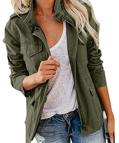 Veste Militaire Multi-Poches pour Femmes Anorak De Terrain Utilitaire à Manches Longues Et Fermeture éClair Veste Slim Spring Fall Outwear (Vert,M)