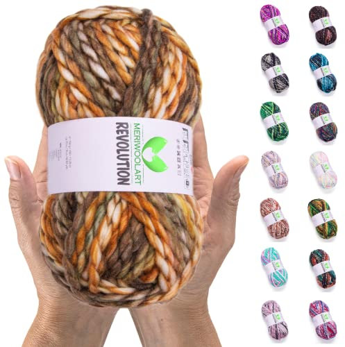 MeriWoolArt Merino Wolle zum Stricken – 75 m Mehrfarbige Dicke Weiche Merinowolle zum Stricken für Pullover Jacken – XXL Handstrickwolle – Voluminöse DIY Wolle für Schals Decken Tücher Geschenke