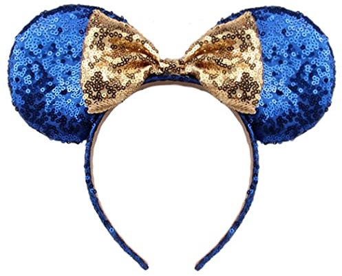 Hpfulseazn Women Girls Decoration Mouse Ears Headbands Sequin Glitter Bow Hairband for Cosplay Costume Birthday Party(Blue/Gold)