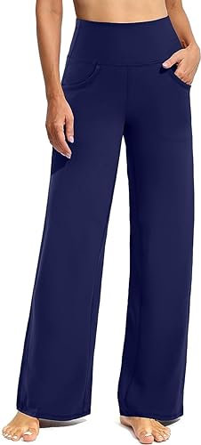 Promover Women's Activewear Trousers Yoga Trousers with Pockets Straight Wide Leg Stretch Work Tracksuit Bottoms Gym Joggers Causal Lounge Tummy Control Pants Petite/Regular/Tall,Royal Blue,M