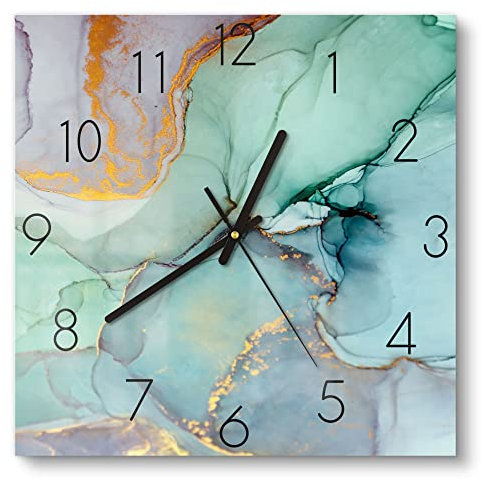 DEQORI Glasuhr | 30x30 cm | Motiv Zerlaufene Wasserfarbe | ausgefallene leise Design Uhr aus Glas | Wanduhr für Wohnzimmer & Küche | Moderne Hingucker Uhr für die Wand