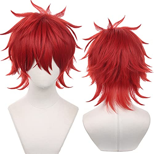 Anime Rote Kurze Curly Perücke mit Hitzebeständig Faser Synthetik Kostüm Haar für Frauen Männer Halloween Comic Con Cos Ersatz Perücken