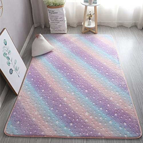 XMwike Leuchtender Teppich, leuchtet im Dunkeln, für Kinder, rutschfest, Schlafzimmer, Wohnzimmer, Teppich, Regenbogenstern, 200 x 120 cm