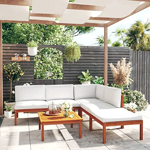 Yolola 6-TLG Gartenmöbel Set Holz, Garten Loungemöbel Set, Balkon Lounge Klein,Outdoor Sofa, Sitzgruppe Gartenmöbel, Ecksofa Garten Gartengarnitur Terassenmoebel Set mit Massivholz Akazie Cremeweiß