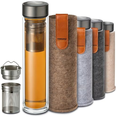Cosumy Teeflasche mit Sieb to Go 500ml - Doppelwandiges Glas mit Filztasche - Hitzebeständig - Auslaufsicher - Spülmaschinenfest