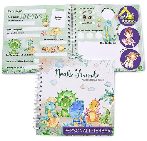Feenstaub Freundebuch Kindergarten, personalisiert mit Namen, Freundebuch Dino, Meine ersten Freunde, Geschenk Kindergartenstart, spiralgebundenes Freundschaftsbuch für Kindergartenkinder