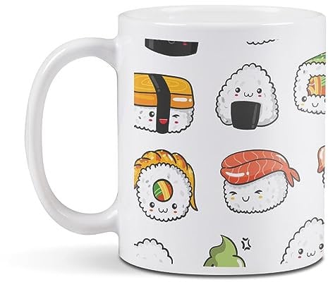 Destination Vinyl Ltd 1 White Ceramic Mug Cup (11oz / 284ml) Fun Japanese Sushi Cartoons Japan Food for Coffee Tea Drinks Kitchen Office #170093