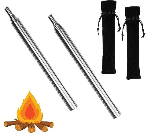 Oruiiju Edelstahl Blasrohr Feuer Werkzeuge 2 Stück - Teleskop Schlag Feuerrohr für Outdoor Camping, Wandern, Grill und Überleben im Freien