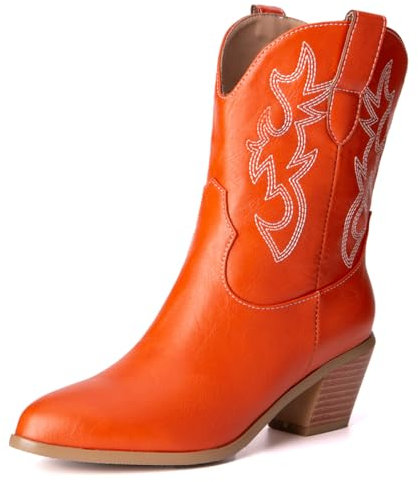 Donne Western Stivali da cowboy with Embroidered Moda Retrò Classico Basic Mid Calf Wide Calf Stivali Cowgirl per donne Ragazze Le signore Arancione Numero 39