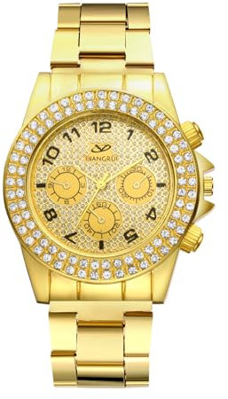 JewelryWe Uhren Herren Edelstahl Diamant: Elegant Glitzer Strass Analog Quarz Partner Freundschaft Armbanduhr Gold Edelstahl Armband Iced Out Uhr Geschenk für Männer Junge