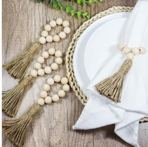24 Stück Serviettenringe aus natürlichen Holzperlen, Rustikale Holzperlen Serviettenring, Serviettenringe-Set, Boho Servietten für Geburtstagsfeier, Hochzeit, Weihnachten, Thanksgiving