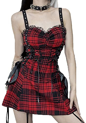 DINGJIUYAN Halloween Tartan Red Plaid Cold Shoulder Dress - Lace Up Bandage Gothic Prom Slip Eyelet Mini Dress - Red M
