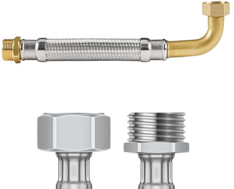 DVGW Tuyau blindé 3/4-1 30-150 cm, tuyau flexible, DN25 & DN19, raccord d'eau, chauffage, adoucisseur, 50 cm, écrou de raccordement 3/4 avec coude x 3/4 filetage extérieur tuyau blindé