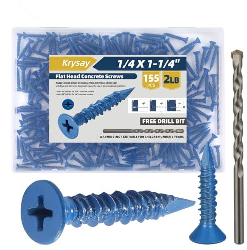 Krysay 1/4 x 1-1/4 in Concrete Screws with Drill bits,Masonry Screws for Concrete Assortment Kit,Flat Head Block Cement Stacoo Screws and Anchors,Diamond Point,Blue Coated(2LB)