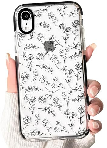 NITITOP Compatible for iPhone XR Case Cute Flower Floral Clear for Women Girl Ultra Slim Crystal Shockproof Soft TPU Anti-Yellow Protective Phone Cover - Clear Black
