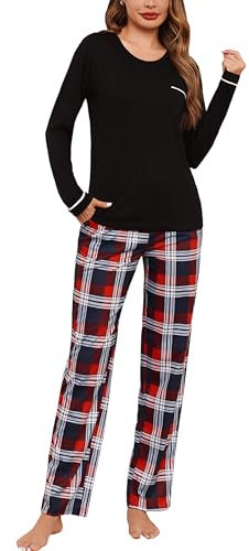 Irdcomps Pyjama Femme Hiver Coton Ensemble de Pyjamas Vêtements de Nuit à Manches Longues col Rond Pantalon de Pyjamas à Carreaux avec Poches Noir L