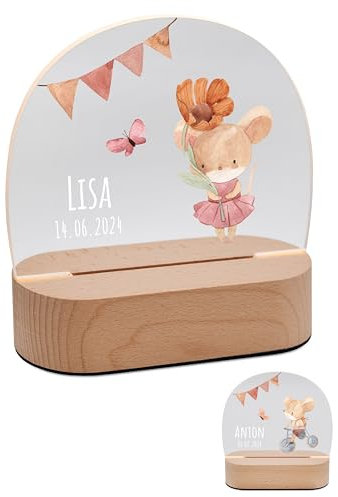 Bärenfreunde® - Personalisiertes Nachtlicht für Babys - Individuelle Nachttischlampe für Kinder - Personalisierte Geschenke Kinder - Babygeschenk - Geschenk zur Geburt (Maus mit Blume)
