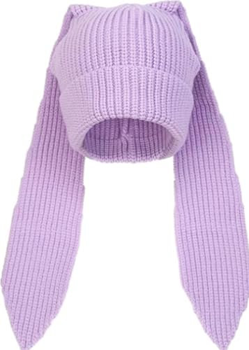 YEKEYI Lustige Mütze mit langen Ohren, Strickmütze, niedlicher Hase, Wintermütze, warm, gestrickt, Kaninchen, Häkelmütze, violett, Einheitsgröße