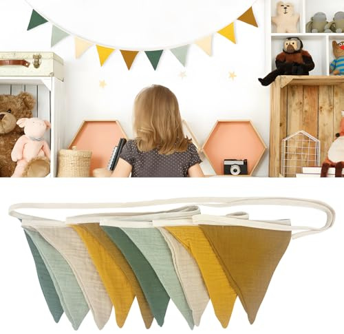 VLYX Wimpelkette aus Stoff, doppelseitige Wimpelkette aus Stoff mit Dreiecken für Gartentee, Hochzeitsparty, Geburtstag, Schlafzimmerdekoration für Mädchen und Jungen (Morandi-Grün)