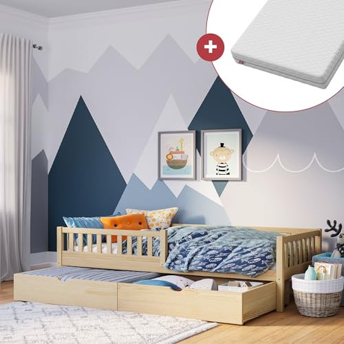 Bellabino Kinderbett Vils 90x200 cm mit Schublade, Einzelbett inkl. Lattenrost aus Kiefer Massivholz, Kinder Bett mit Rausfallschutz, Bett 90x200 in Natur lackiert inkl. Matratze