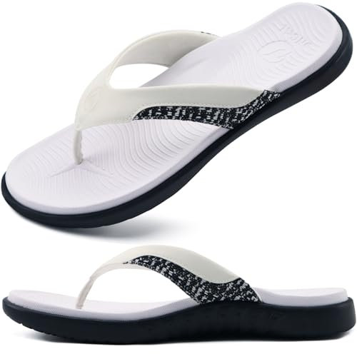 ONCAI Tongs pour Hommes, Été Sport Douche Piscine Plage Plantaire Cuir Sangle Chaussures de Orthopedic Support de L'arche Semelle en Caoutchouc Noir Blanc Taille 45