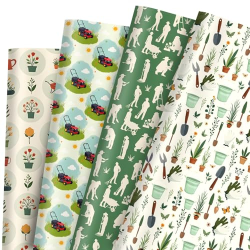 Gardening Wrapping Paper 12 Sheets Plant Lover Gift Wrap with Pots,Lawn Mower,Gardener & Tools Design Packing Paper for Garden Enthusiasts,20×28