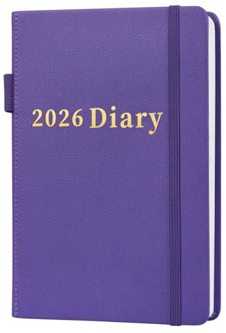 2026 Diary-2026 Diary A5 Page a Day Diaries 2026 Day Per Page from January 2026 to December 2026 Back To School Daily Planner Faux Leather Cover,Pen Holder(Purple)