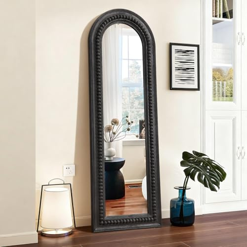 MWAZZLL Arch Full Length Mirror with Beaded Wood Framed Black Decorative Large Wall Mirrors 149x50cm for Bedroom Bathroom Living Room Entryway Home Hanging