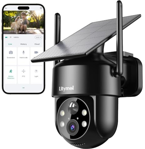 LITYMOL 2K 2.4g WiFi Security Cameras Wireless Outdoor, 360° View Solar Cameras for Home Security, Color Night Vision, Motion Detection, 2-Way Audio, Spotlight Siren Alarm, SD/Cloud Storage
