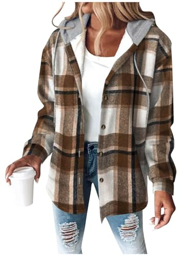 Dyhxuan Hemdjacke Damen mit Kapuze Warm Gefüttert Wolljacke Fleece Winterjacke Kariert Hemdbluse Mantel Loose Kapuzenjacke Trendy Jacke mit Tasche