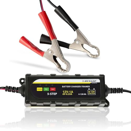 Chargeur Intelligent Dunlop 1A 12V - Chargeur Batterie Voiture & Moto, Gel & Standard, Charge Auto 5 Étapes, Sécurisé & Facile