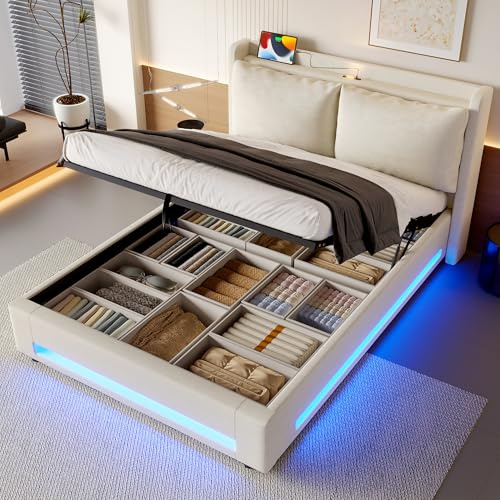 RIAZOS 4ft6 Upholstered Double Bed with Linen Headboard, Built-In Storage Shelf, Dual USB-C Ports, Ambient LED Lighting, Hydraulic Lift System and Removable Pillows, 135 * 190 cm, No Mattress, Beige
