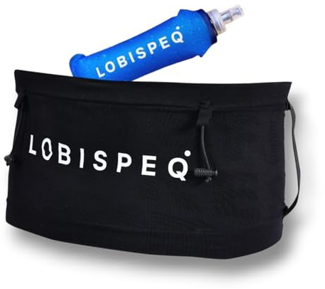 LOBISPEQ Kompressions-Laufgürtel für Herren + Rückenstütze + Stockhalter + einzigartige Tasche 360° | Laufgürtel für Herren | Trail Running Wandern Training, Schwarz , L + SOFT FLASK, Einzeltasche +