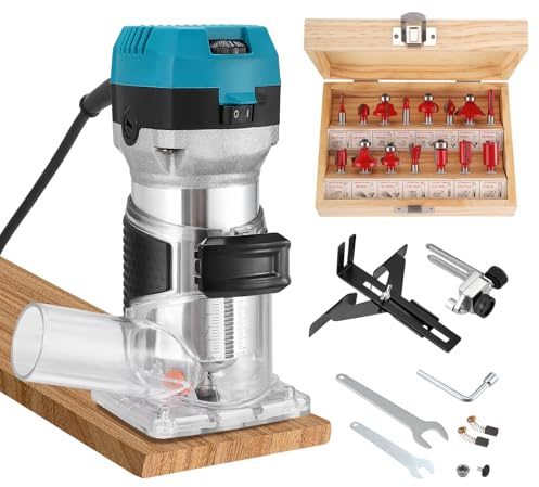 Akku Oberfräse für Makitta18V Akku für 6.35mm+8mm Spannzange,900W kantenfräseTrimmer Set mit 15 Stück 1/4 Fräser,30000 U/min Akku Kantenfräse,Hartmetall Fräser